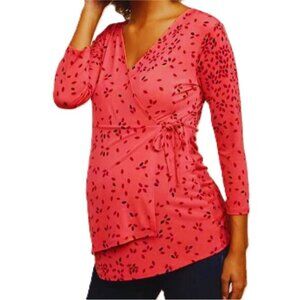 Motherhood XL V Neck Pink Burgundy Leaf Women SZ XL Long Faux Wrap Blouse